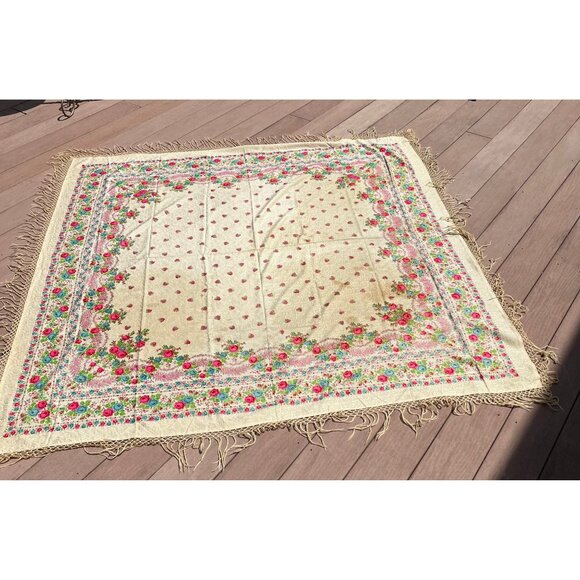 Antique 1909 Romanian Textile Art Wool Floral Shawl Hand Tied Fringe Floral - Picture 1 of 10
